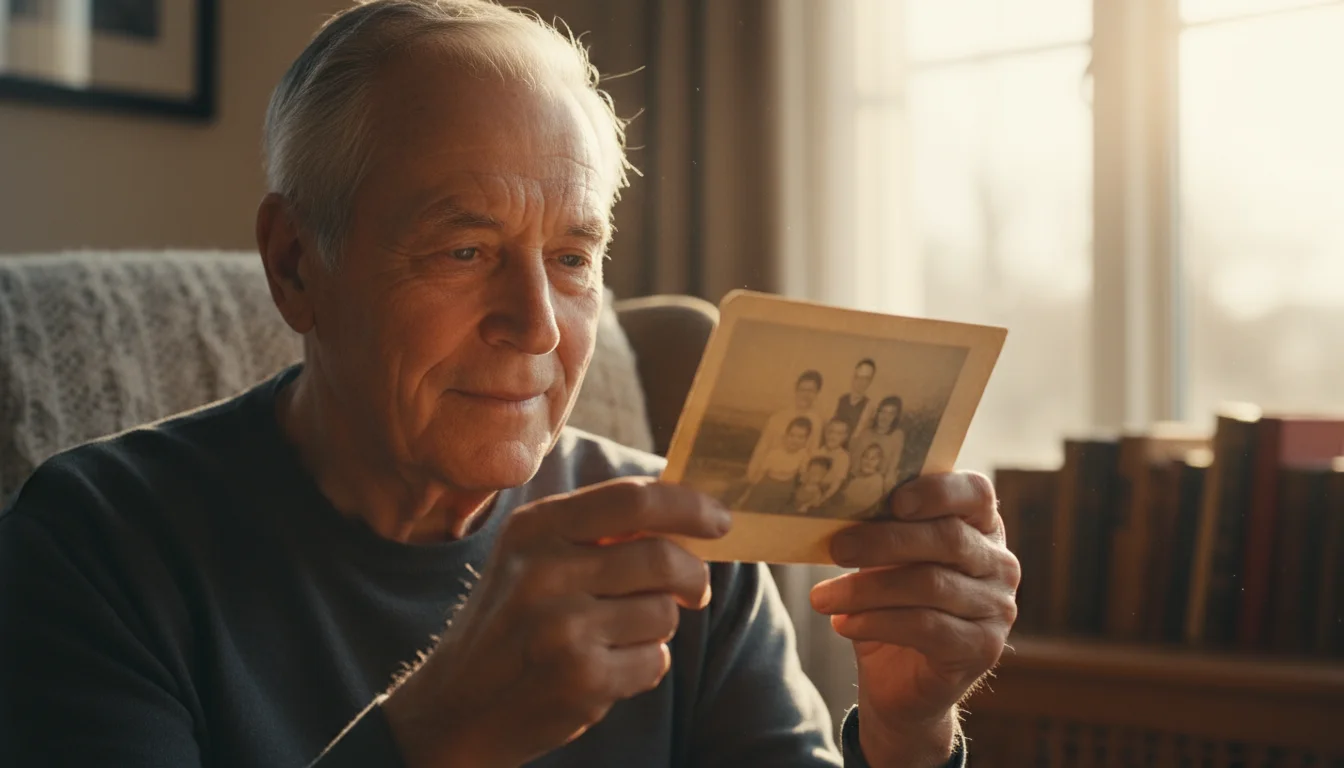 An older man in a sunlit living room gently holds an old family photograph close to his face, studying it intently.