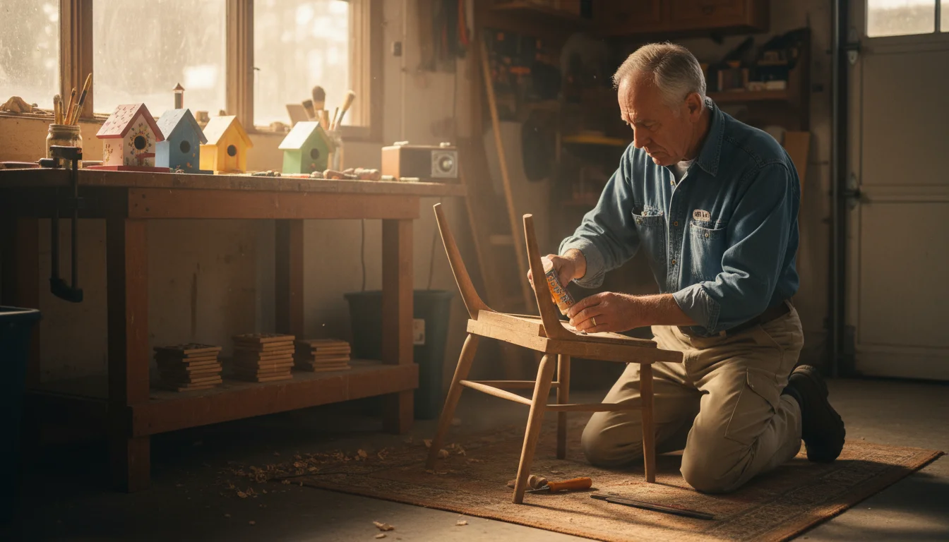 An older man in a sunny workshop repairing a wooden chair, with handmade crafts on a nearby workbench.