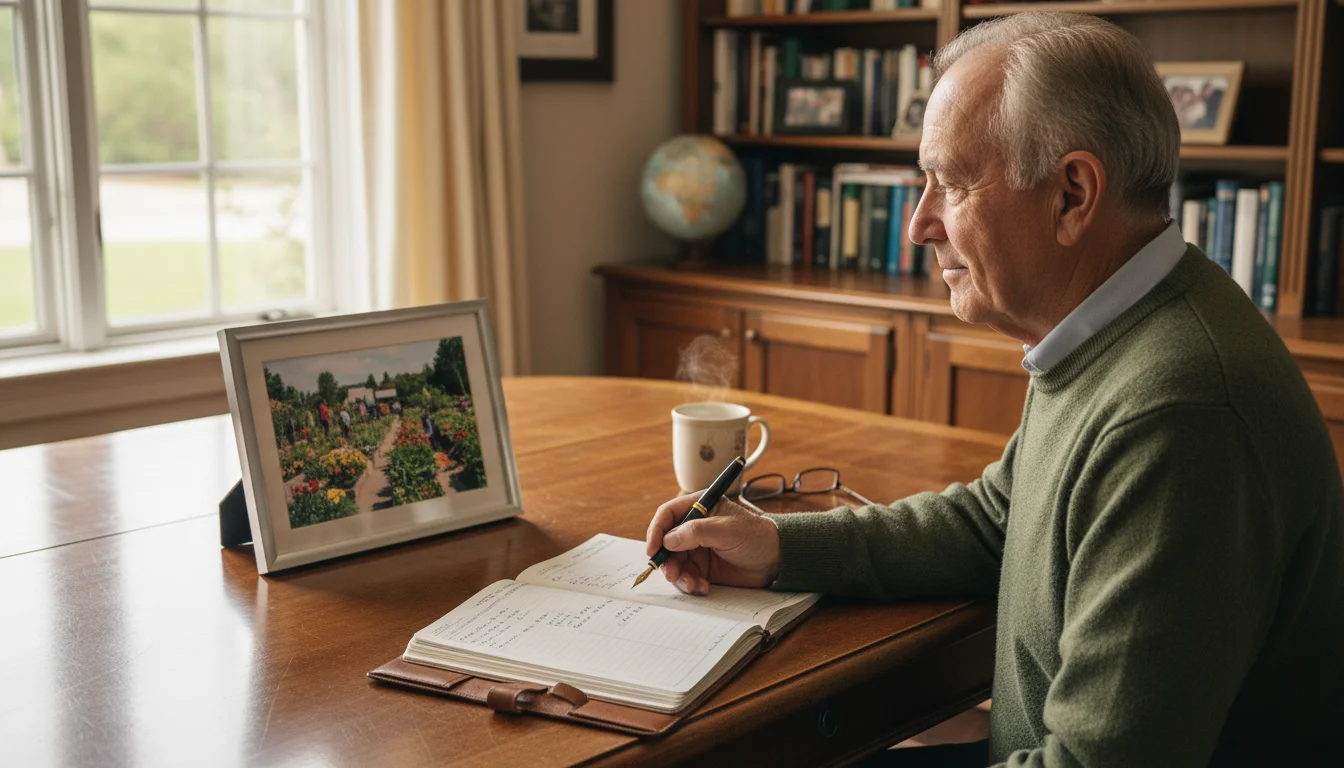 An older man in a sweater sits at a desk, looking at a framed photo of a community garden, holding a pen over a planner.