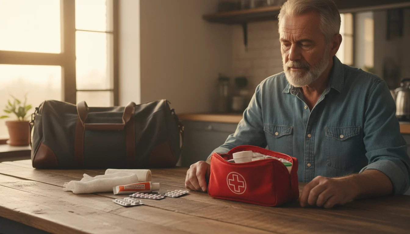 An older man at a table looks thoughtfully at an open travel first-aid kit with bandages and medicines laid out.
