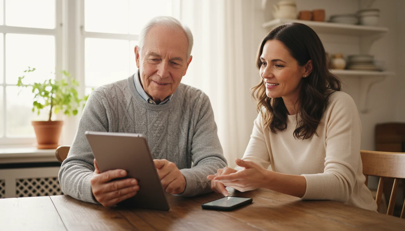 An older man taps a tablet, while his adult daughter points to a smartphone on a wooden table, with a laptop nearby.