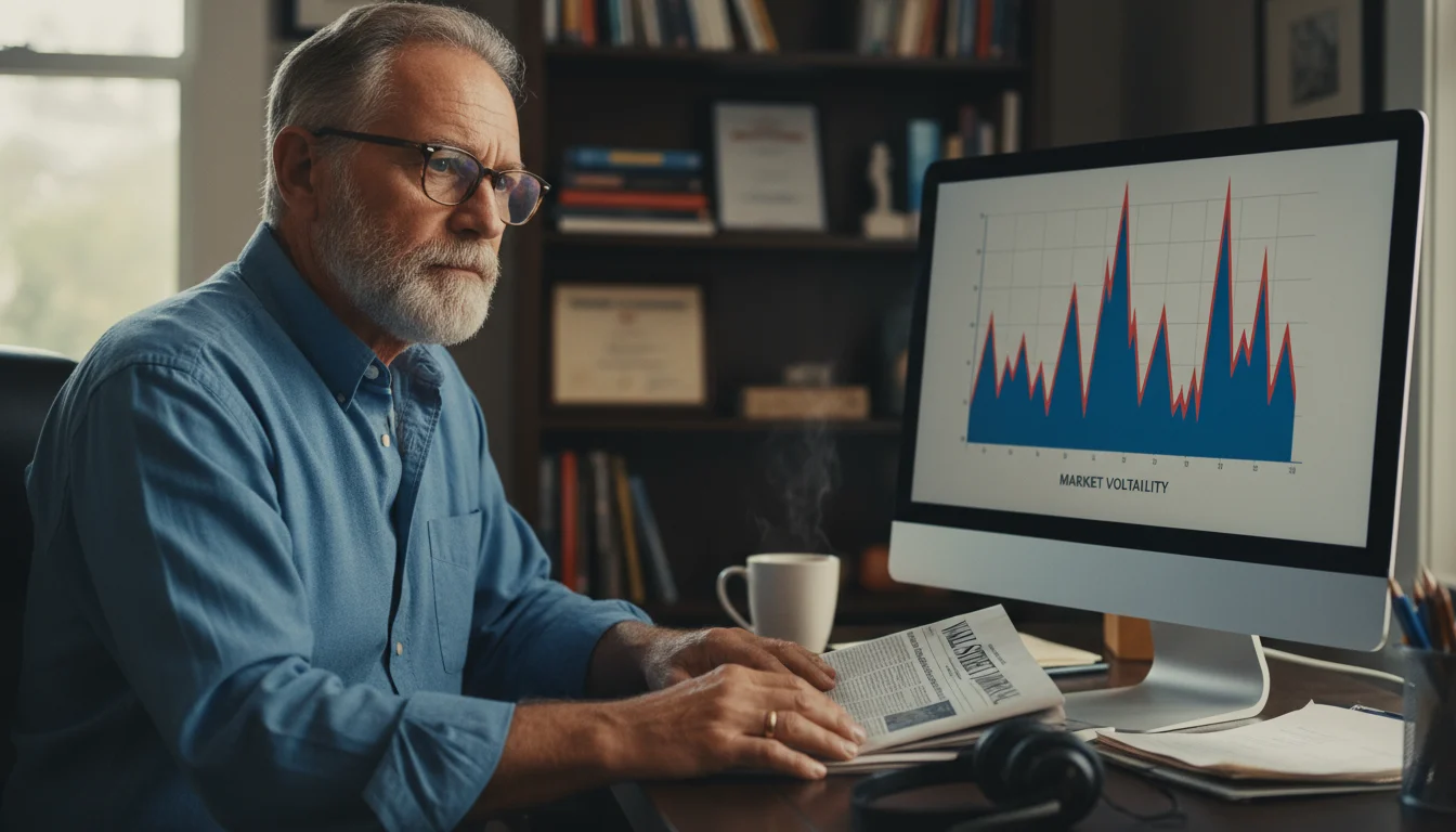 An older man thoughtfully looks at a computer monitor showing a volatile market graph in his home office.