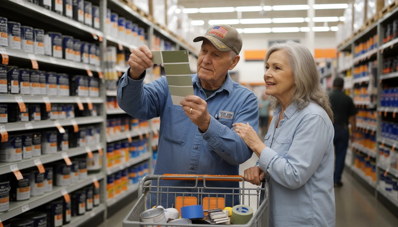 An older man in a veteran's cap with his wife, thoughtfully choosing a paint swatch in a brightly lit Home Depot aisle.
