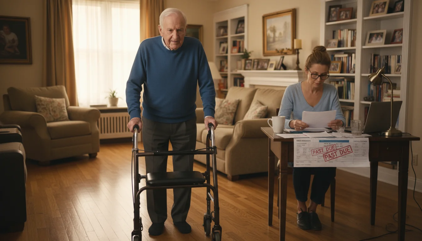An older man walks with a wheeled walker in a living room, while his daughter reviews paperwork at a desk.