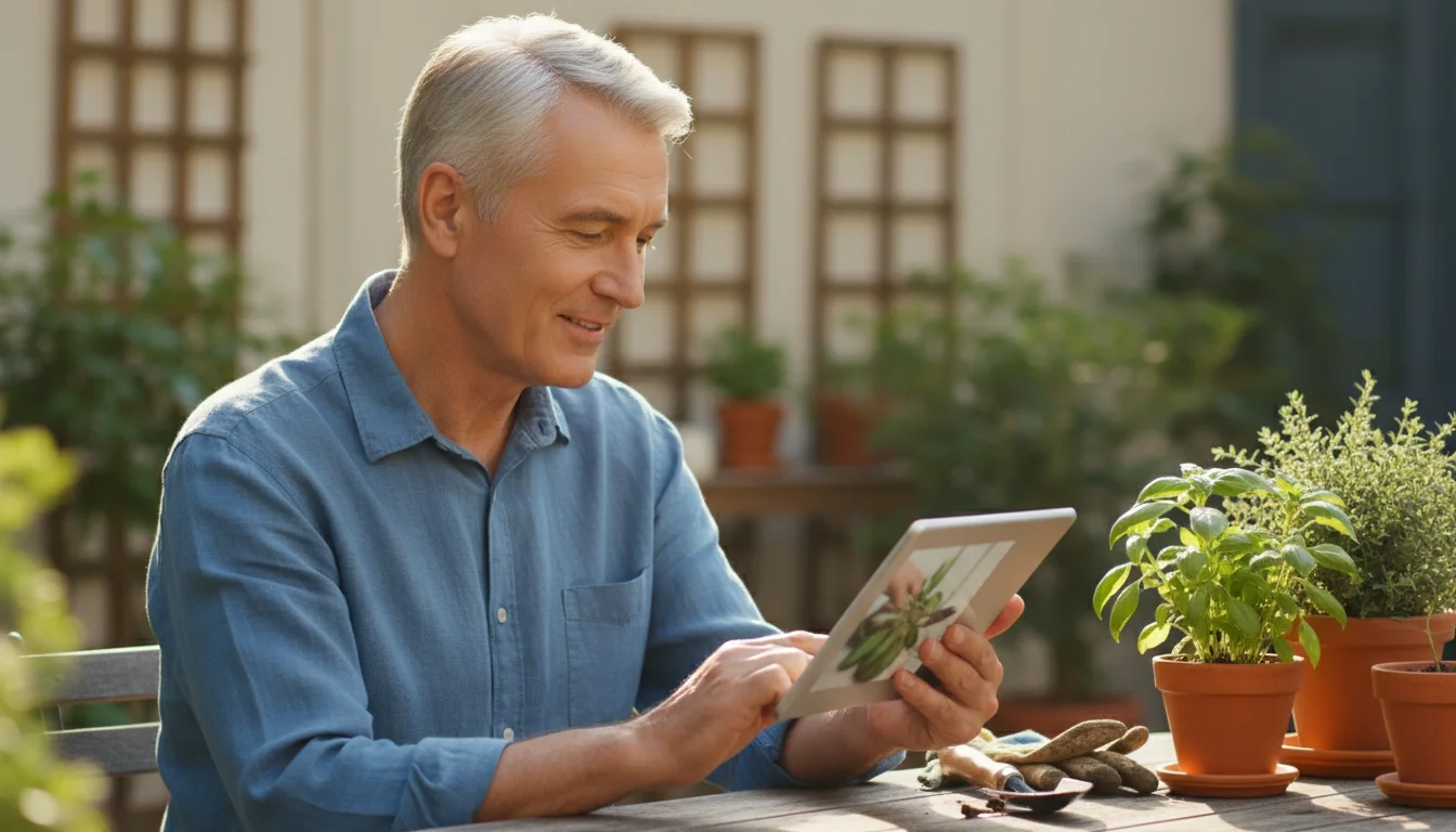Older man watching a gardening tutorial on a tablet in a bright sunroom with gardening items nearby.