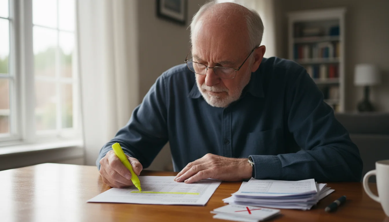 An older man wearing glasses highlights lines on a paper statement at his dining table, surrounded by other financial documents.