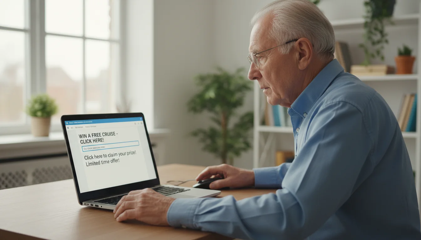 An older man wearing glasses hovers his mouse over a suspicious email link on a laptop screen that warns 'Your Account Has Been Suspended'.