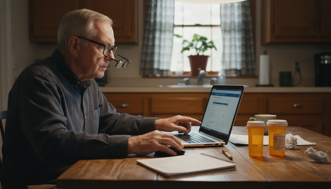 An older man wearing glasses, late 70s, sits intently at his kitchen table, reviewing a healthcare website on a laptop. Prescription bottles and a not