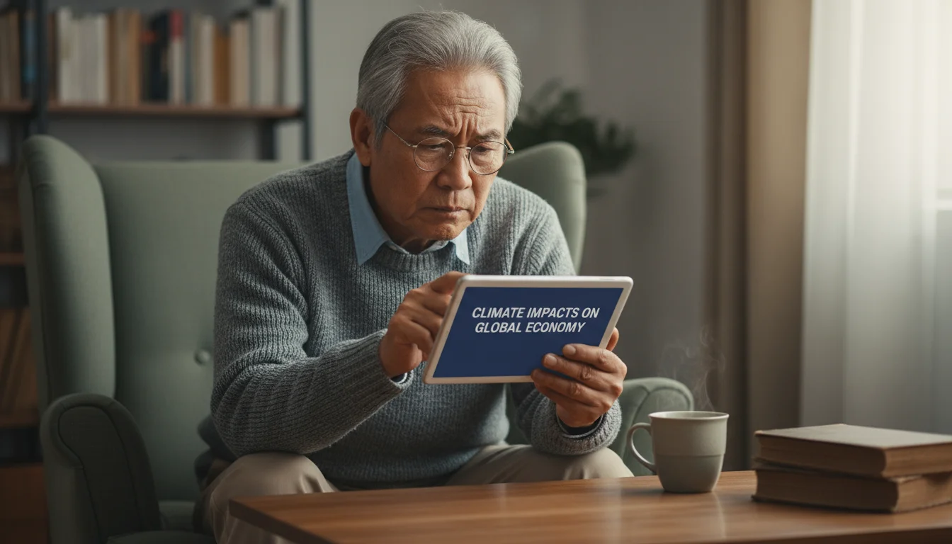 An older man wearing glasses looks intently at a tablet, his brow slightly furrowed with concentration. A gift card is visible on a table nearby.