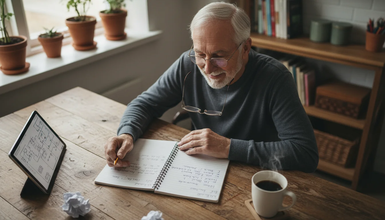 An older man wearing glasses, seated at a kitchen table, intently consulting a handwritten notebook while looking at a tablet next to it.