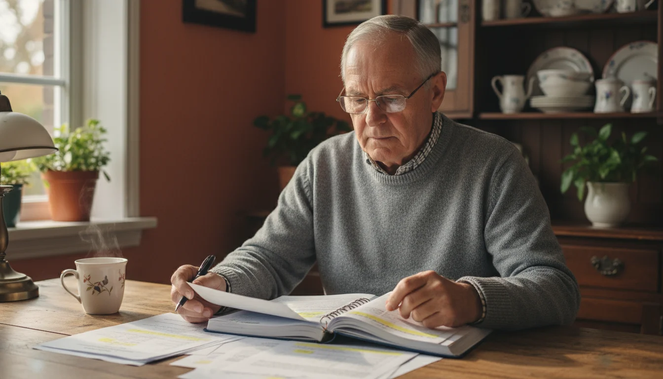 An older man wearing glasses sits at a kitchen table, thoughtfully reviewing financial documents related to healthcare planning.