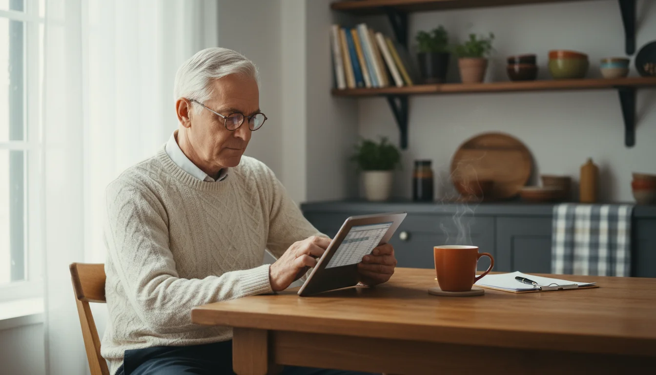 An older man wearing glasses sits at a wooden kitchen table, looking thoughtfully at a tablet with a mug and papers nearby.