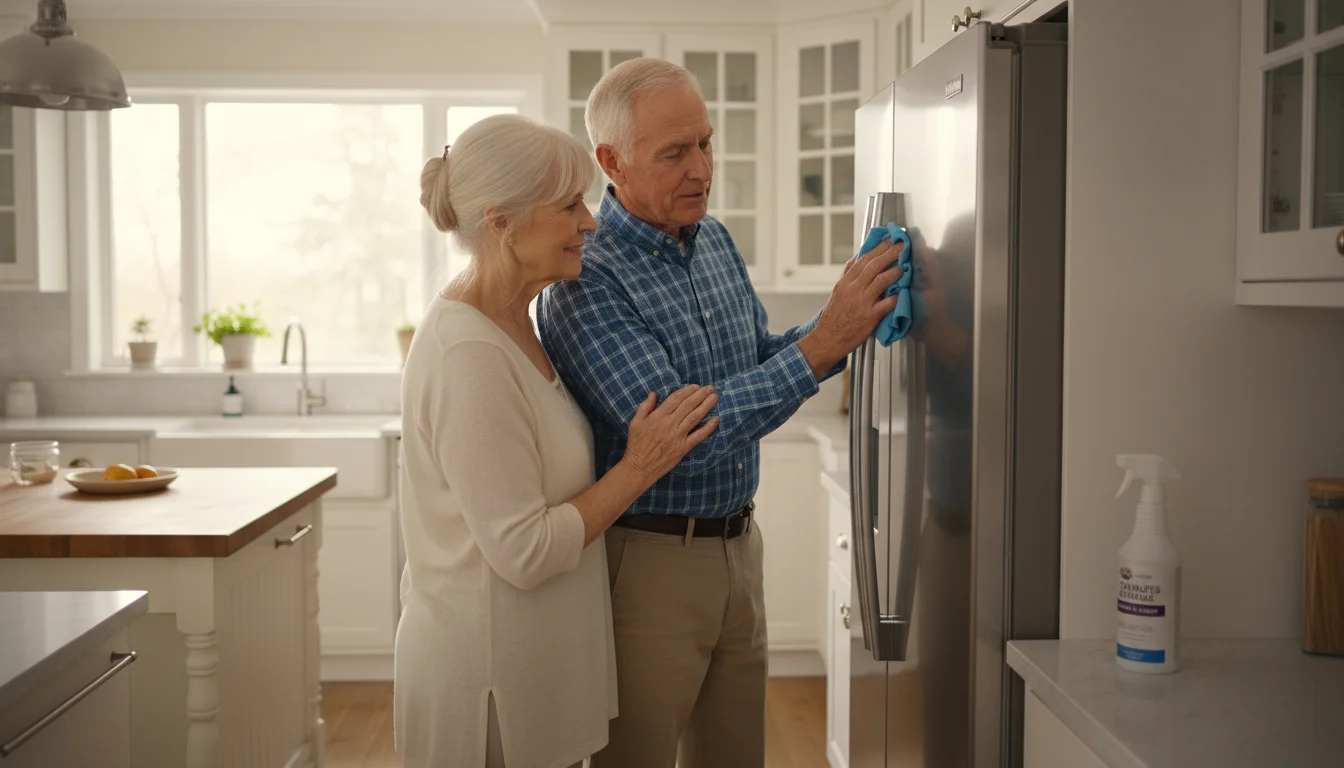 An older man wipes a shiny stainless steel refrigerator door while his wife smiles beside him in a bright kitchen.