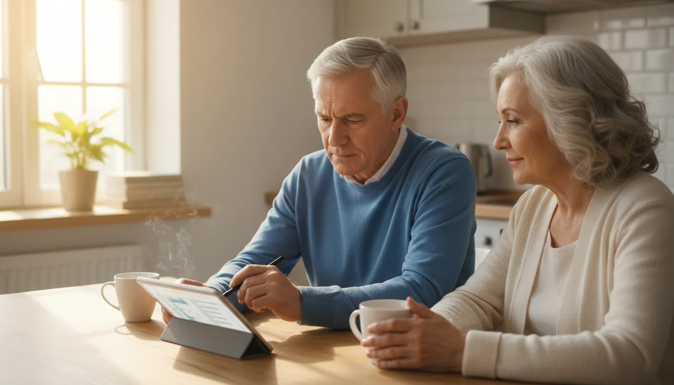An older man and woman sit at a kitchen table. The man looks at a tablet with a thoughtful expression. The woman watches him calmly.