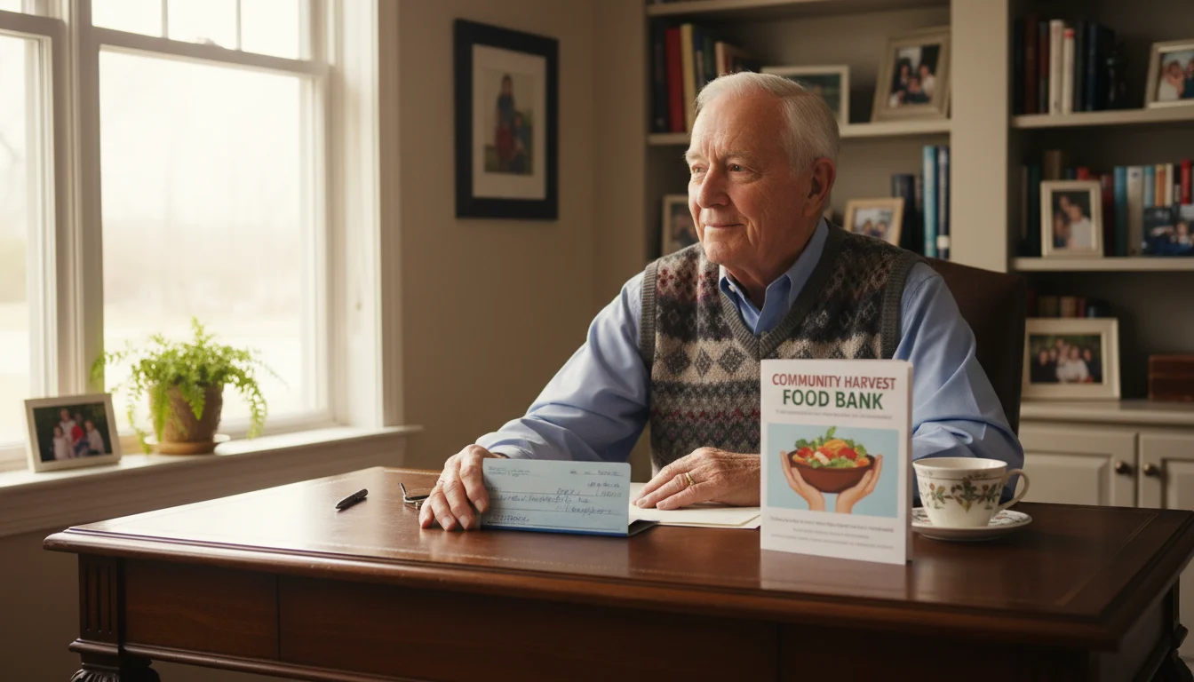 Older man at a wooden desk, hand on a financial form, next to a charity brochure, looking thoughtful. Tea and glasses on desk.