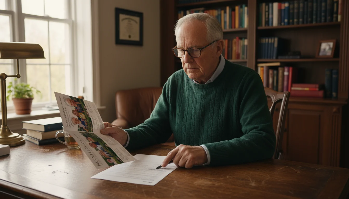 An older man at a wooden desk holds a retirement community brochure and a confusing financial statement, appearing concerned.