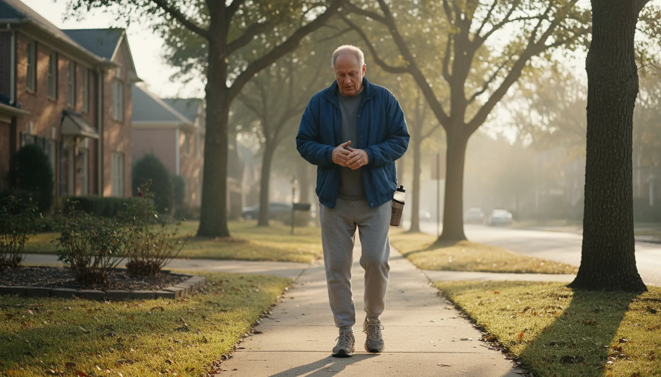 An older man in worn athletic clothes takes slow, difficult steps on a morning sidewalk, grimacing slightly, a passing car in the background.