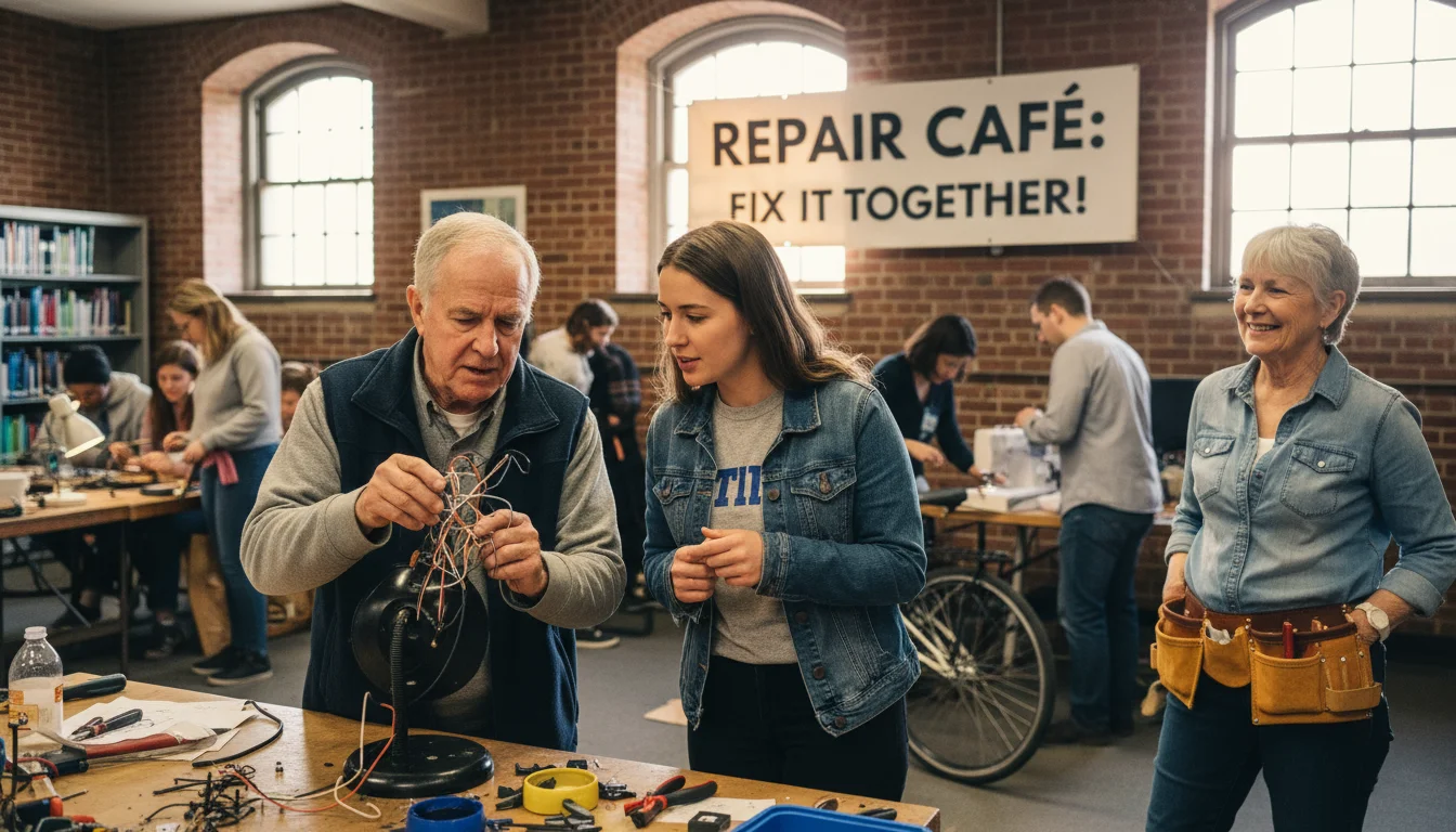 An older man and a young student at a bustling workbench, examining a desk lamp. Others repair items in a library basement.