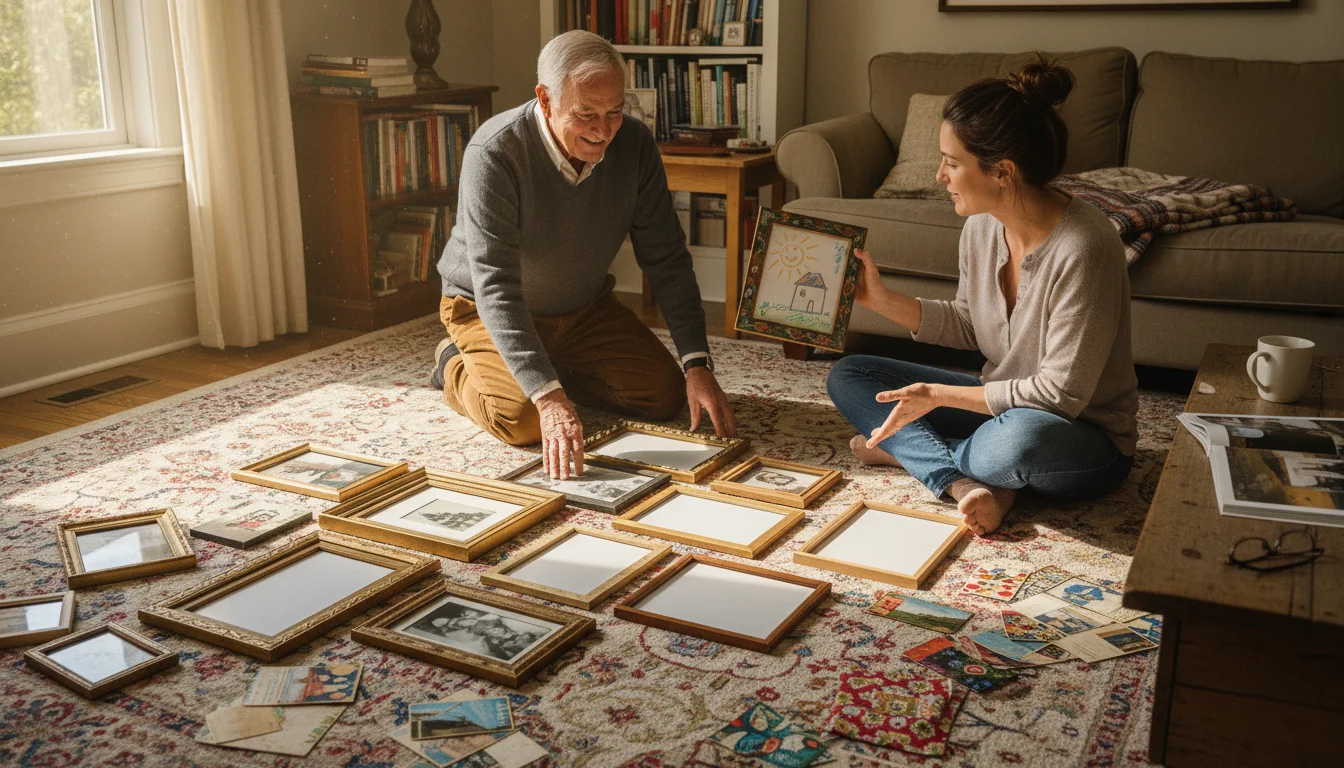 An older man and a younger woman arrange various picture frames on a living room floor, surrounded by art supplies.