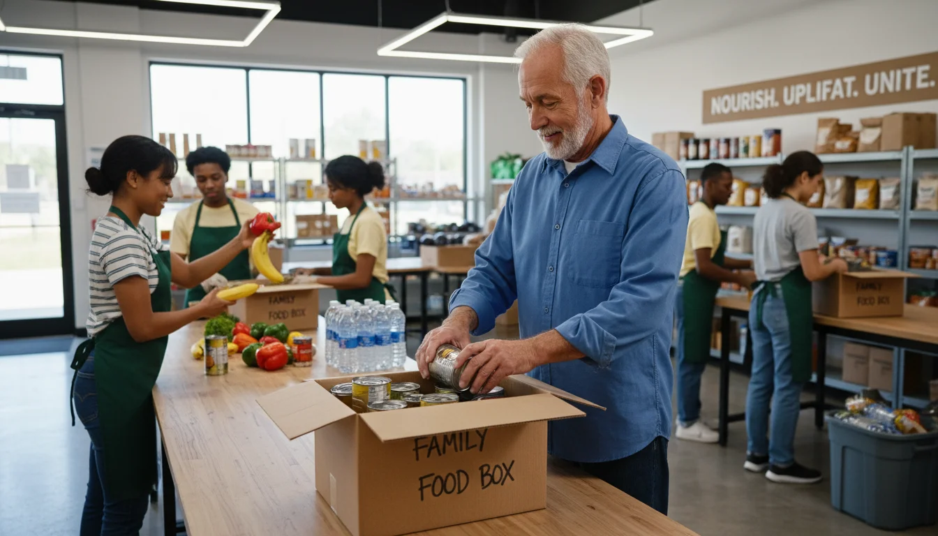 An older man and a younger woman volunteer at a food bank, carefully packing canned goods and sorting produce into boxes.