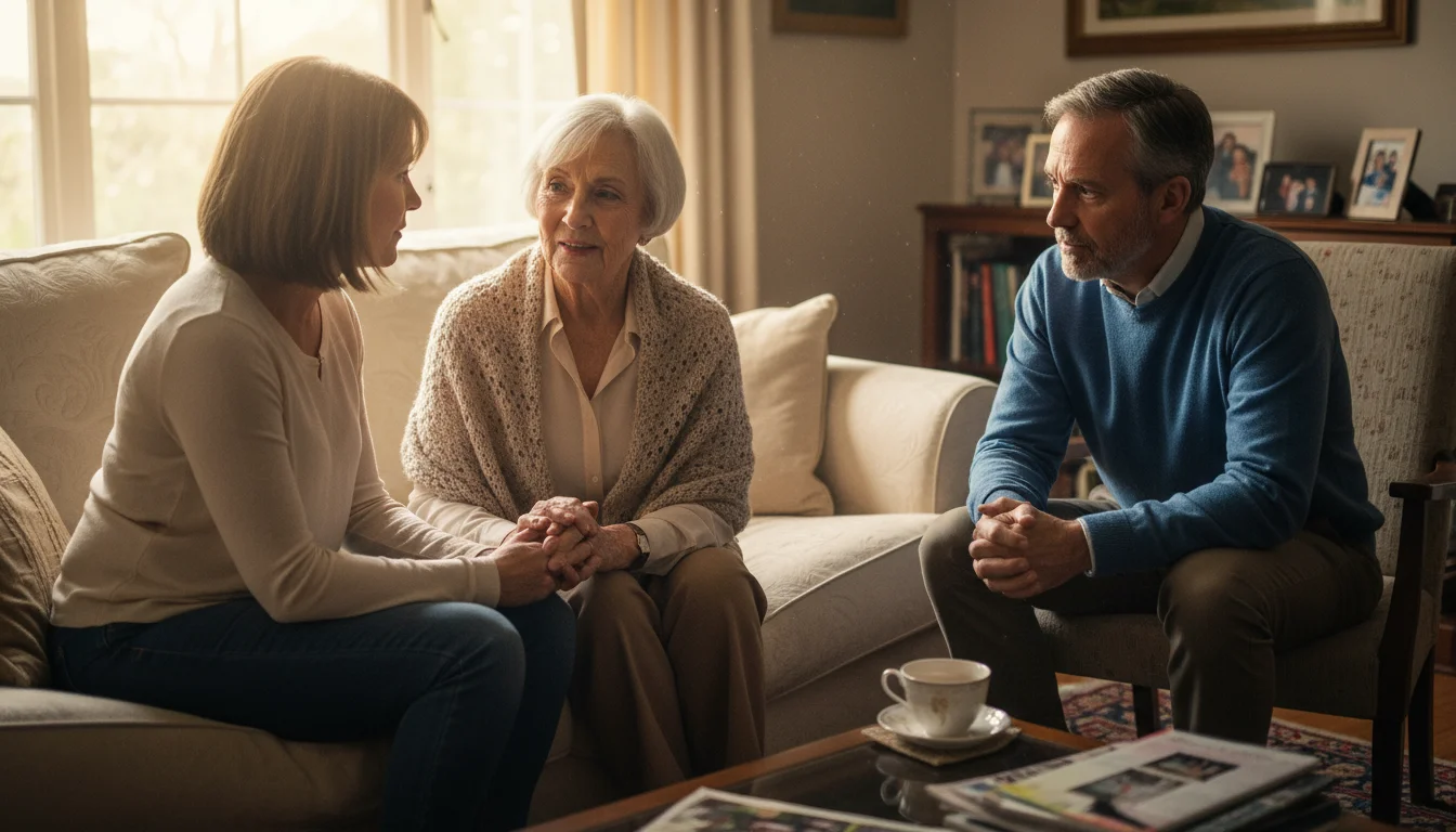 An older mother, late 70s, holding hands with her adult daughter, 50s, while her adult son, 50s, listens intently during a family conversation in a li