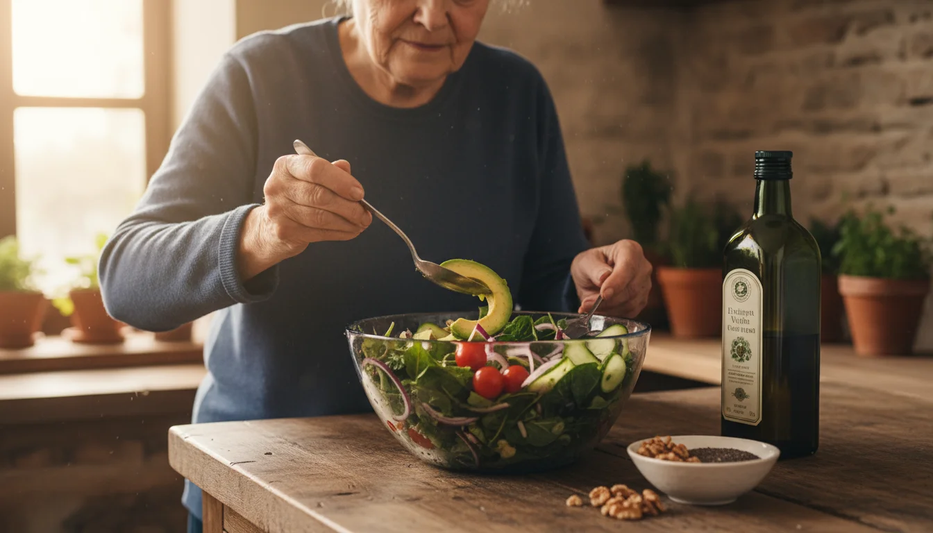 An older person adds avocado slices to a green salad bowl, with olive oil, walnuts, and chia seeds on a counter.