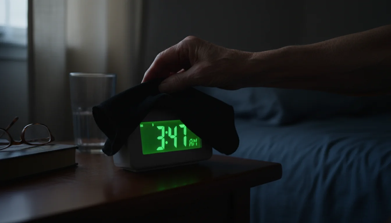 An older person's hand covers a bright green digital alarm clock display with a dark piece of fabric on a dim bedside table.