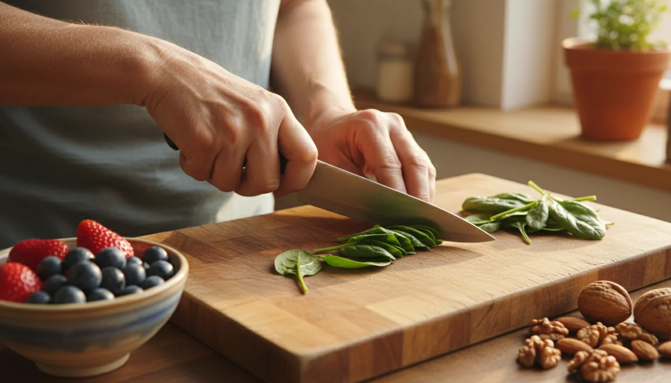 An older person's hands gently chop fresh spinach on a wooden board, surrounded by berries, nuts, and olive oil.