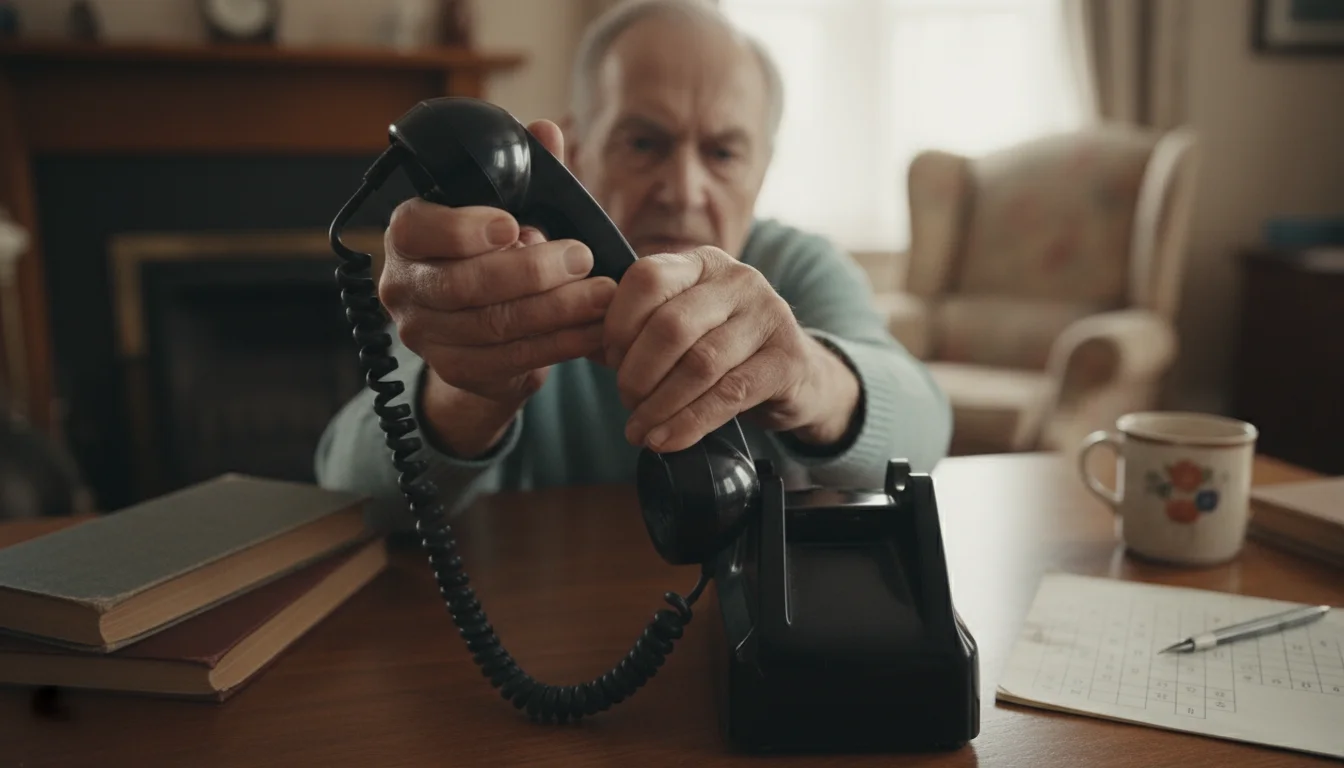 An older person's hands firmly hanging up a traditional landline phone, with a determined expression on their face in the background.