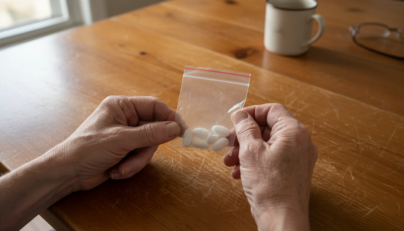 An older person's hands carefully inspect misshapen, unmarked white pills in a clear plastic bag on a wooden table.