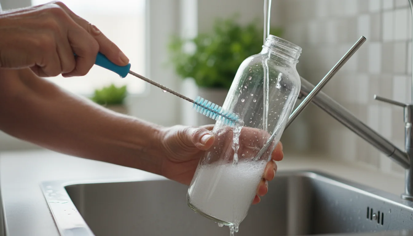An older person's hands use a long brush to clean a glass water bottle and a straw brush to clean a metal straw at a sink.