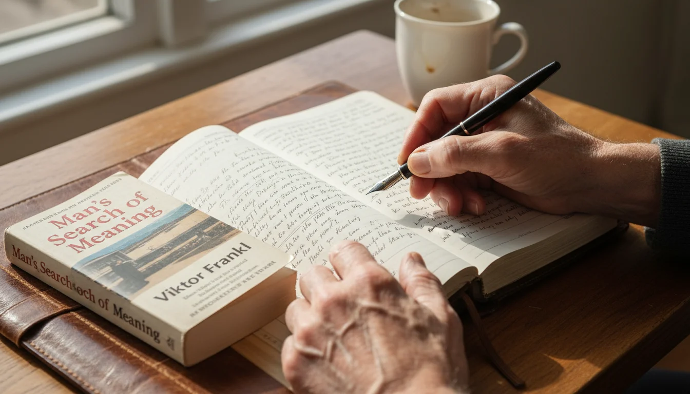 A close-up of an older person's hands writing in a journal, with the book 'Man's Search for Meaning' open nearby.