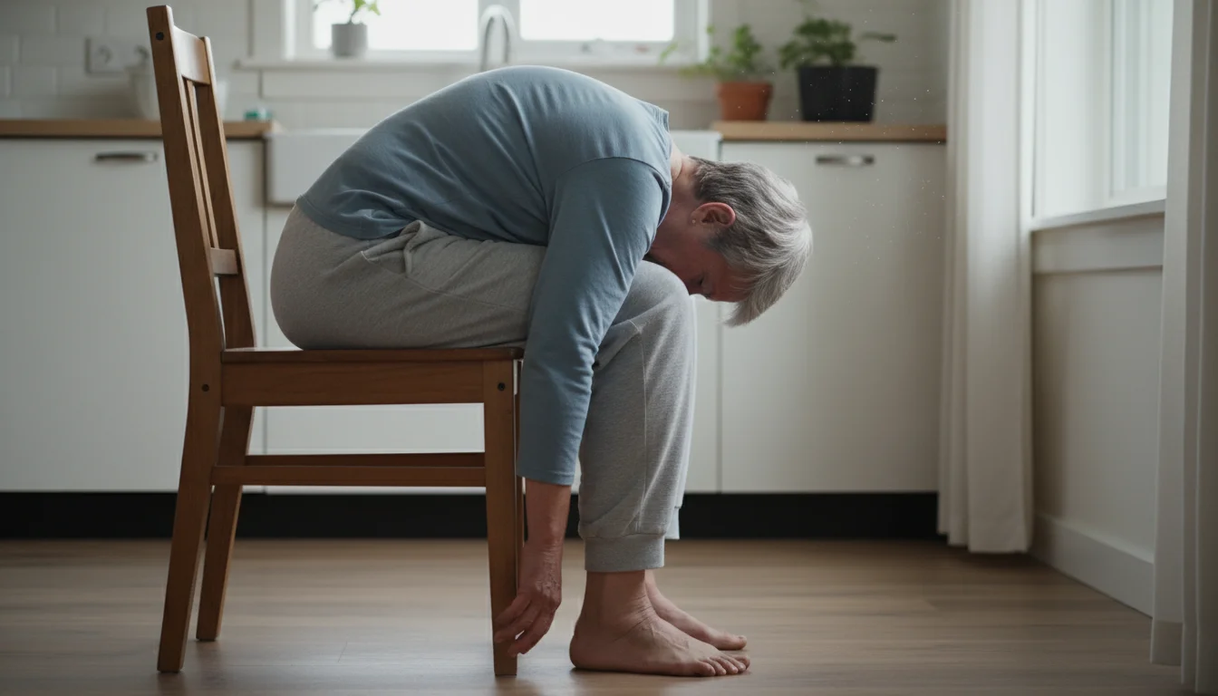 Older person in a kitchen chair, seen from behind, head bowed deeply in a seated forward fold, showing complete relaxation.