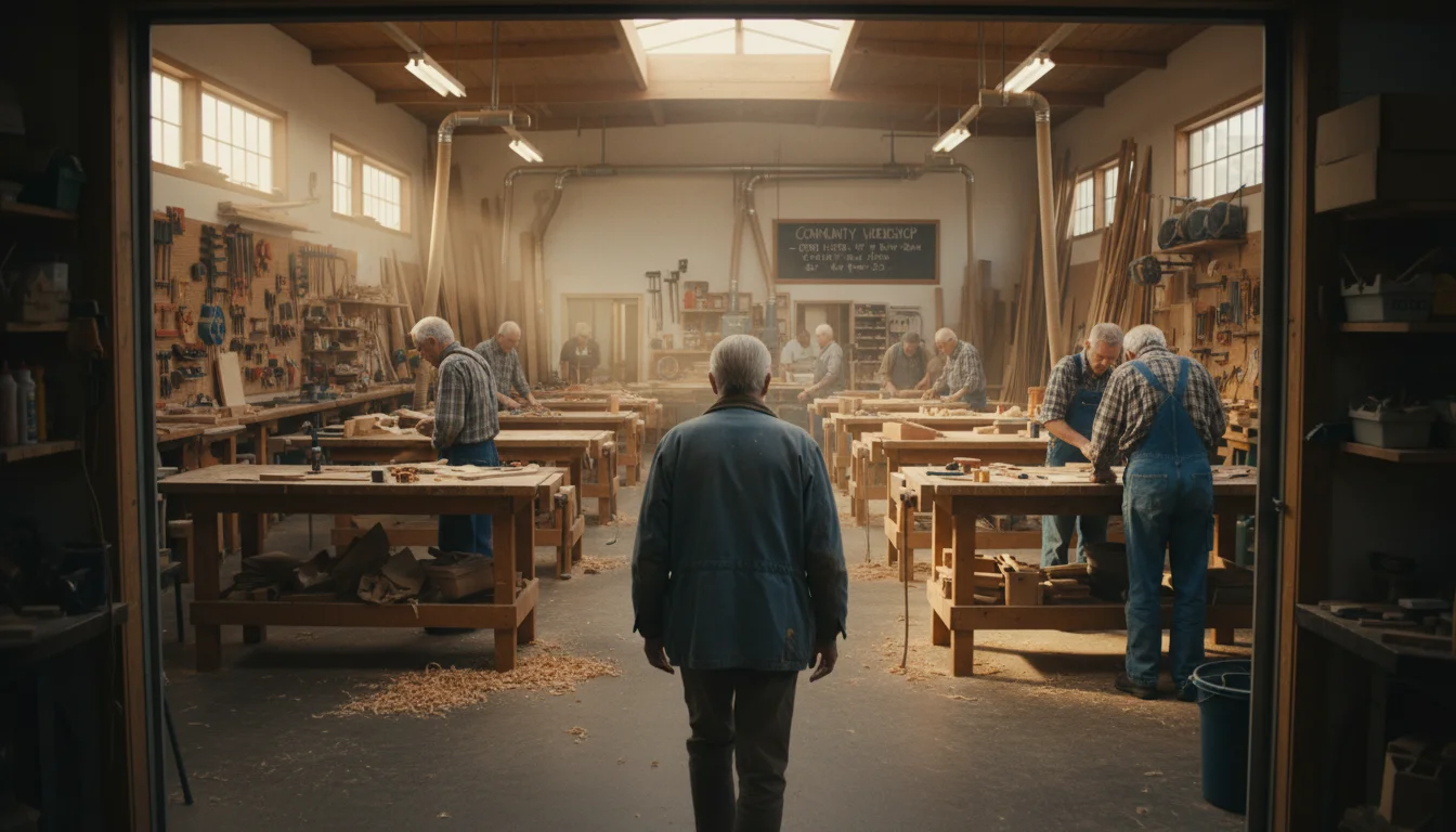 An older person, seen from behind, steps hesitantly into a busy woodworking shop filled with focused seniors and sawdust.