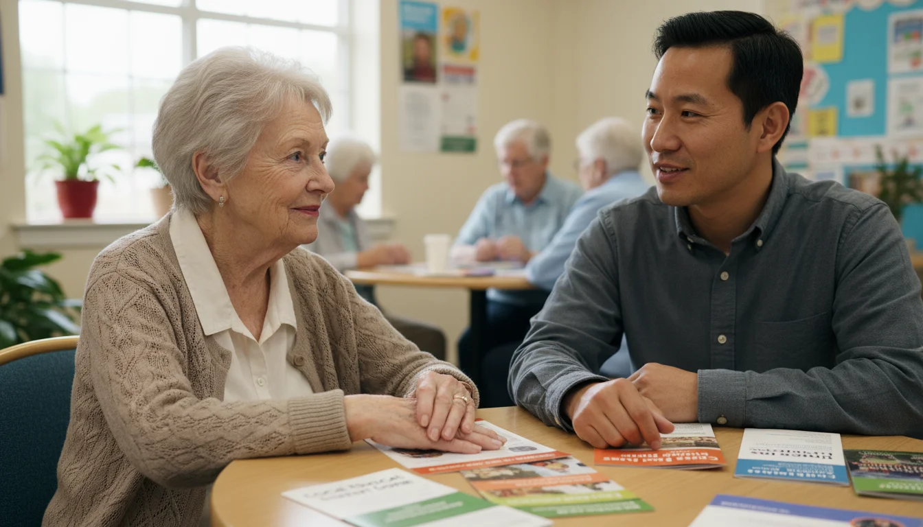 An older white woman talks with an Asian community coordinator at a table with brochures, in a local senior resource office.