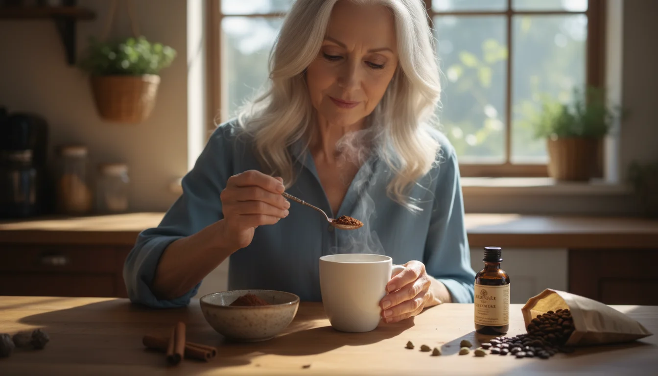 Older woman gently adds cocoa to her coffee, surrounded by cinnamon sticks, vanilla, and coconut cream on a kitchen counter.