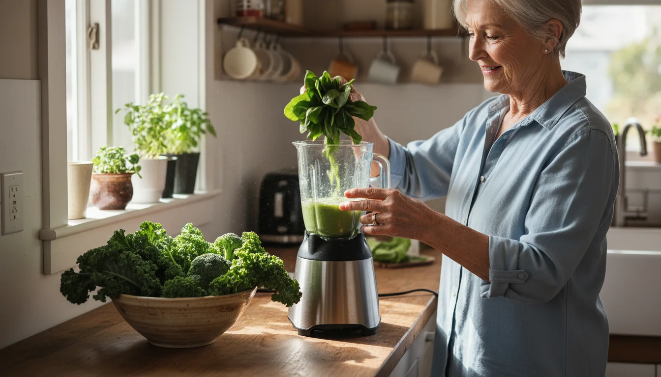 An older woman adds spinach to a blender in her bright kitchen, with a bowl of kale and broccoli nearby.