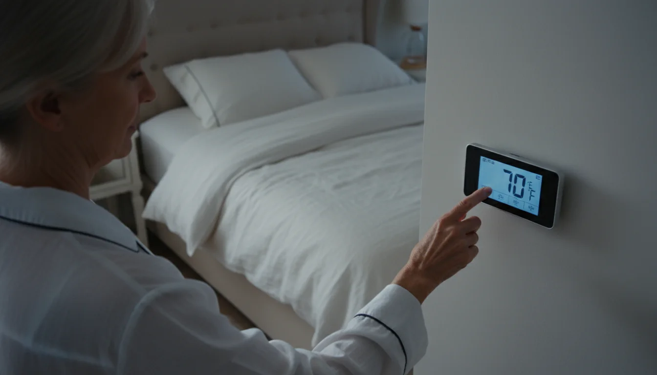 Older woman adjusting a digital thermostat on a bedroom wall, with a bed visible in the background.