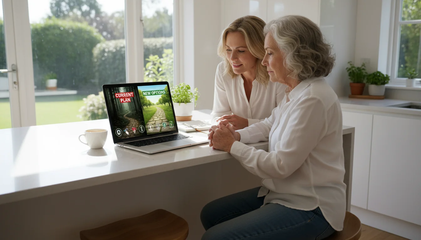 Older woman and adult daughter at a bright kitchen island reviewing two health insurance options on a laptop screen.