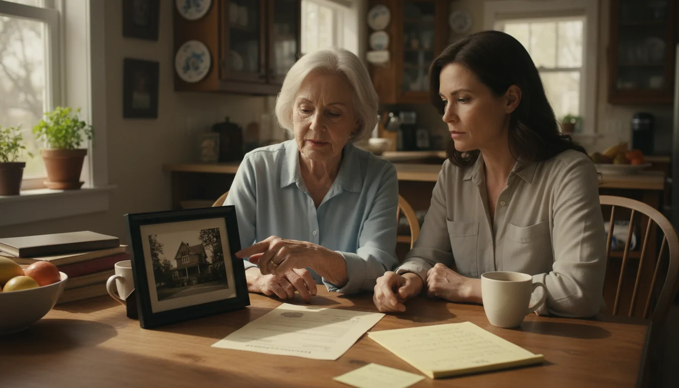 Older woman and adult daughter at a kitchen table, looking at a framed photo of their family home and legal documents.