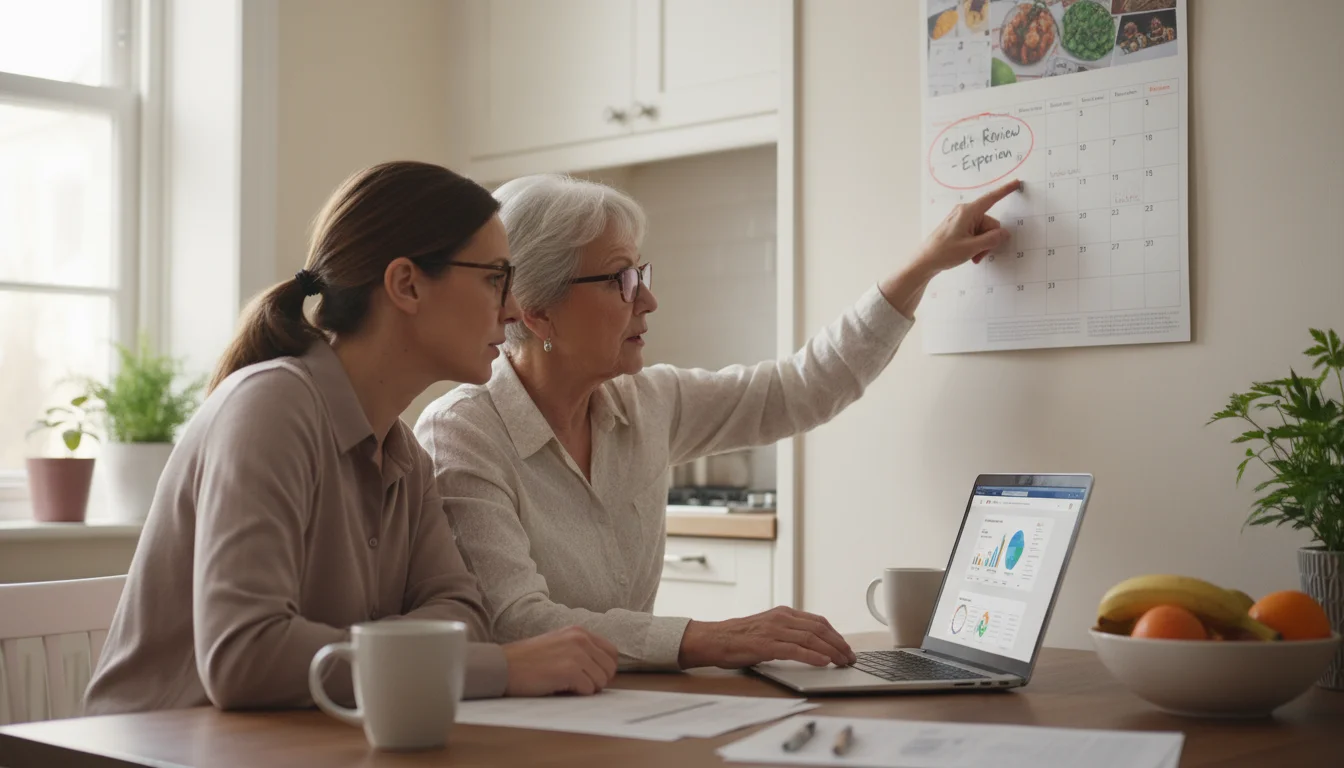 Older woman and adult daughter at kitchen table, pointing at a calendar marked 