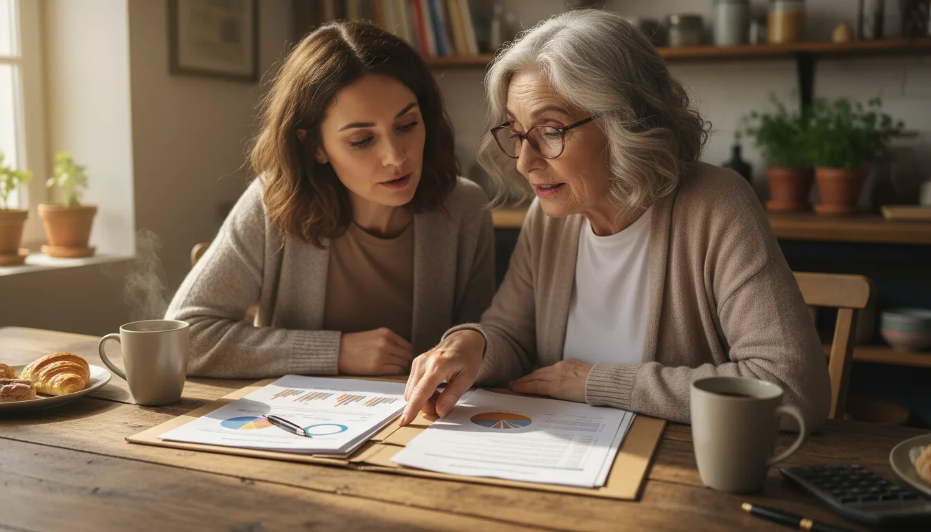 Older woman and adult daughter at a kitchen table, reviewing financial documents. Daughter points to a section on a page as the mother looks on though