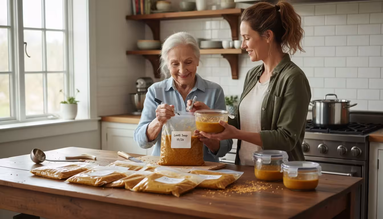 Older woman and adult daughter labeling batch-cooked lentil soup in various freezer containers on a kitchen island.