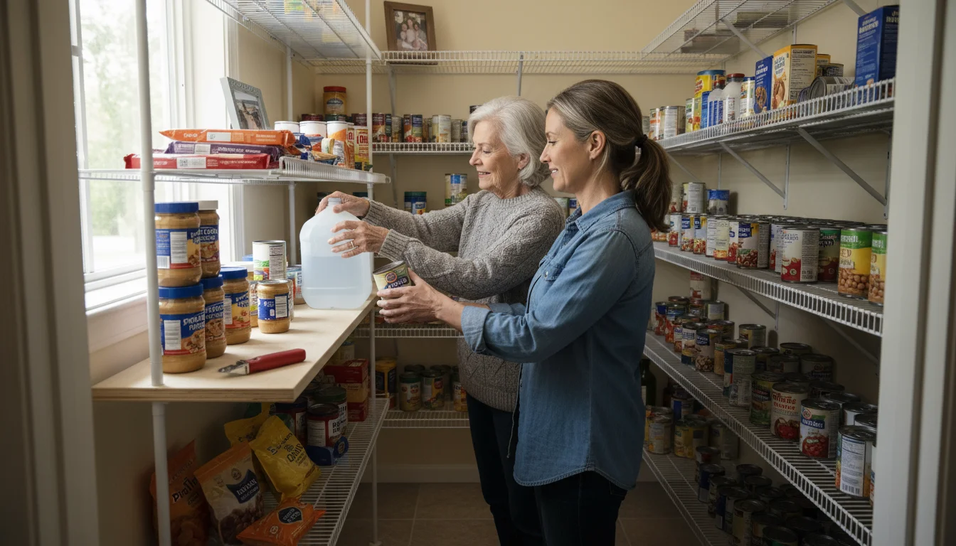 Older woman and adult daughter organizing bottled water, canned food, and other emergency supplies on a storage shelf.