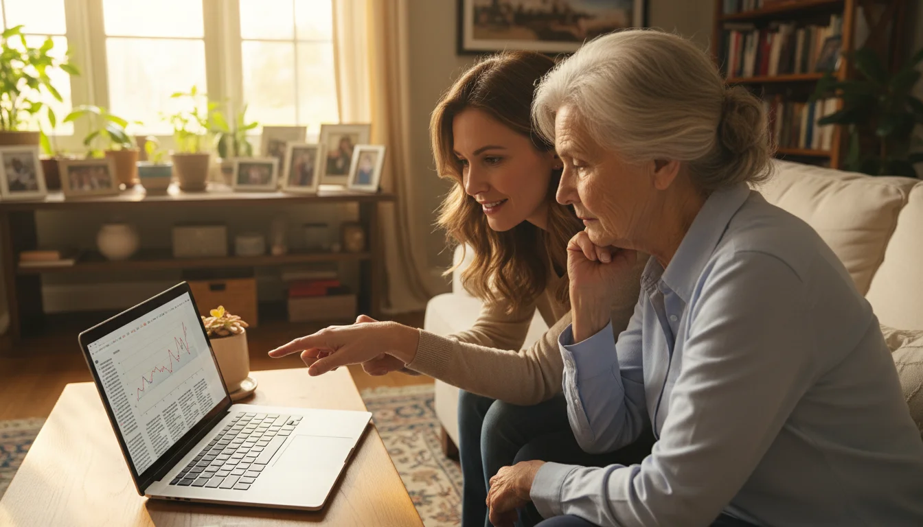 Older woman and adult daughter reviewing information on a laptop, their expressions engaged and thoughtful, showing shared learning.
