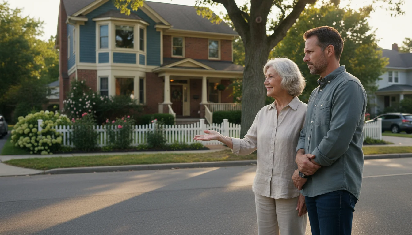 Older woman and adult son stand outside a family home, discussing its future. The woman gestures, the son listens intently.