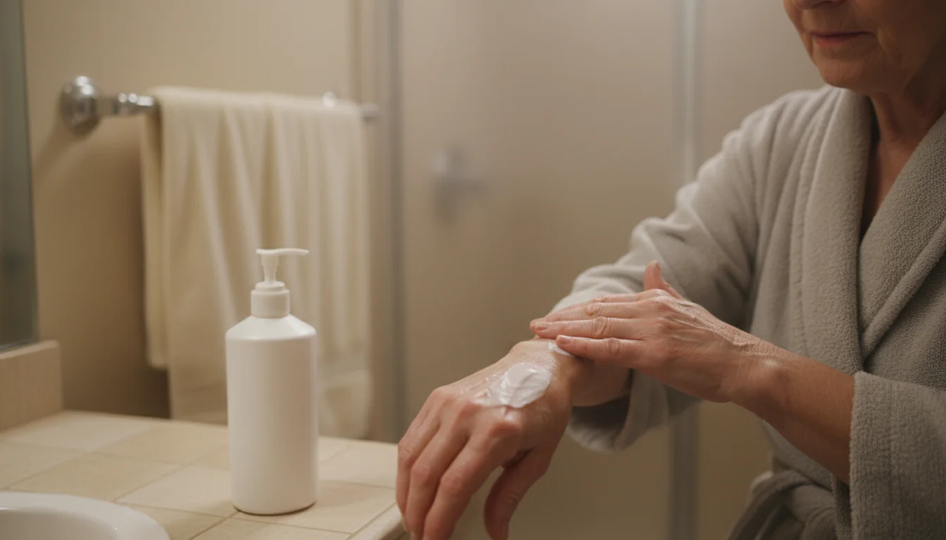 An older woman gently applies moisturizer to her slightly damp arm in a steamy bathroom, with a lotion bottle and towel nearby.
