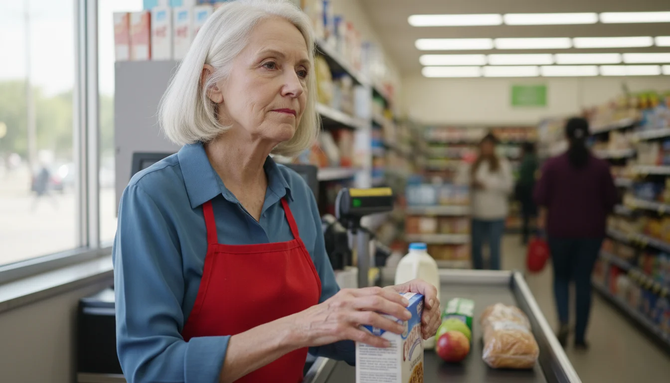 Older woman in an apron scanning an item at a grocery store checkout, looking pensive.