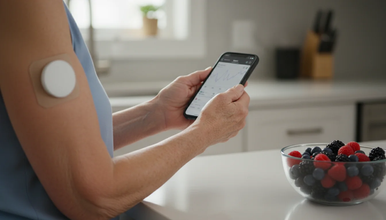 Older woman's arm with a glucose sensor, checking blood sugar on her phone next to fresh berries.
