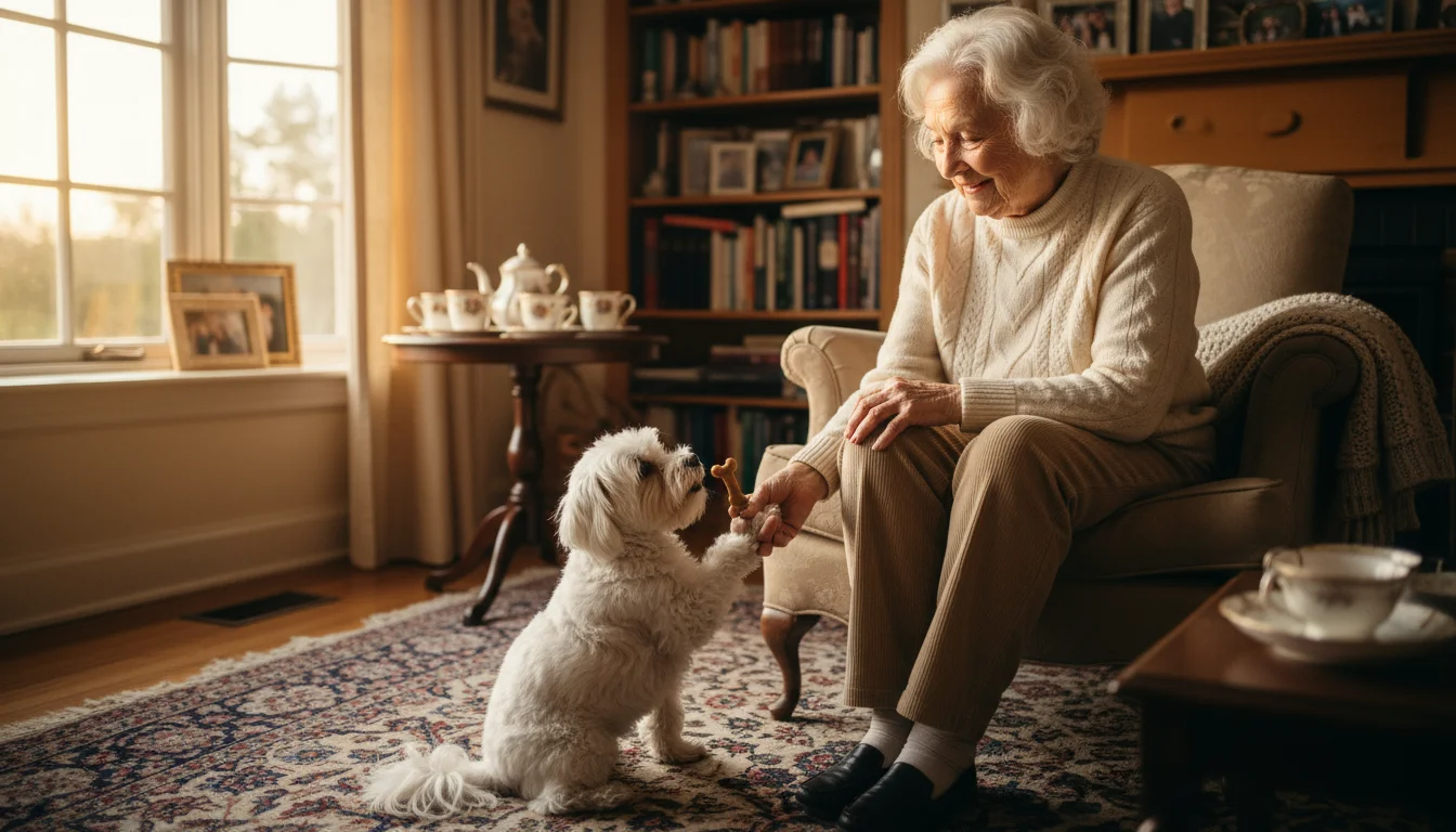 An older woman in an armchair gently guides a small white dog's paw to teach 'shake.' The dog is focused on her.